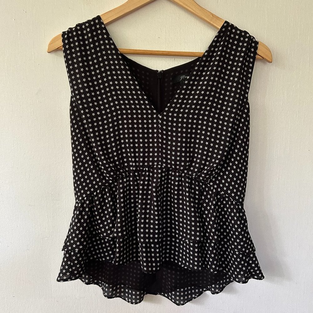 J.Crew Peplum Blouse Womens Size 8 Black Star Print V-neck Sleeveless Top